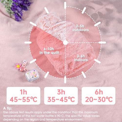 Hot Water Bottle with Cosy Faux Fur Cover, 2L,Kangaroo Pocket, Pink Hot Water Bag For Neck, Shoulders, Back, Stomach, and Feet. Provides Consistent Warmth,for Cold Winter Days and as a Gift