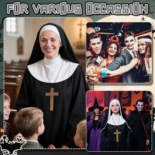 Nun Costume Set for Women, Nun Outfit Fancy Dress with Black Dress Headpiece Socks Cross Necklace for Haloween Carnival Cosplay Party Dress Up
