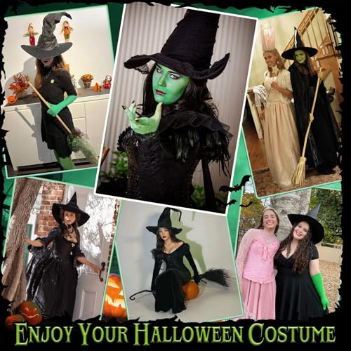 Halloween Costumes Adult Women, 5 PCS Witch Costumes Set Witch Cape, Hat, Gloves, Stockings and Broom, World Book Day Costume for Halloween, Christmas, Cosplay and Themed Parties for 14+