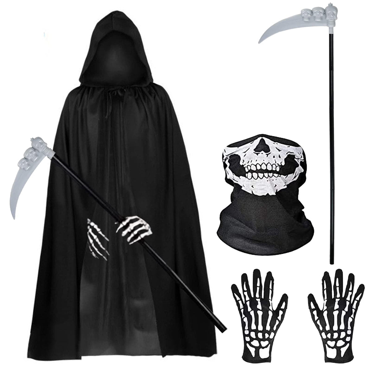 Halloween Costumes, 4 Piece Grim Reaper Costume Set with Hooded Cloak Black Scythe, Skull Mask, Skeleton Gloves, Skeleton Halloween Costume for Party Costumes for Women Men Boys