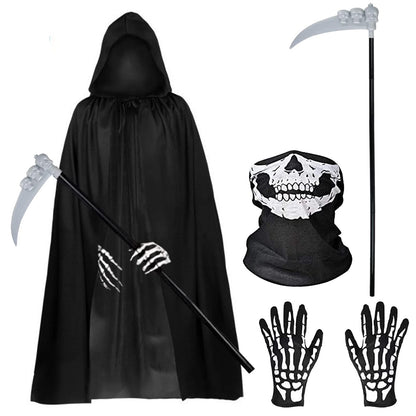 Halloween Costumes, 4 Piece Grim Reaper Costume Set with Hooded Cloak Black Scythe, Skull Mask, Skeleton Gloves, Skeleton Halloween Costume for Party Costumes for Women Men Boys
