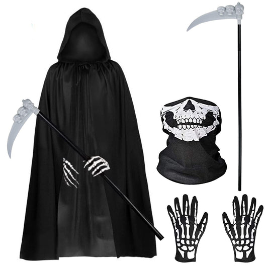 Halloween Costumes, 4 Piece Grim Reaper Costume Set with Hooded Cloak Black Scythe, Skull Mask, Skeleton Gloves, Skeleton Halloween Costume for Party Costumes for Women Men Boys