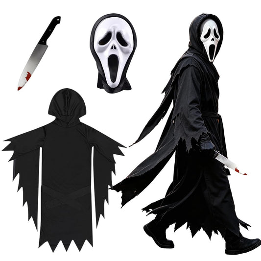 Grim Reaper Costume, Halloween Fancy Dress Costume with Robe, Mask, Gloves