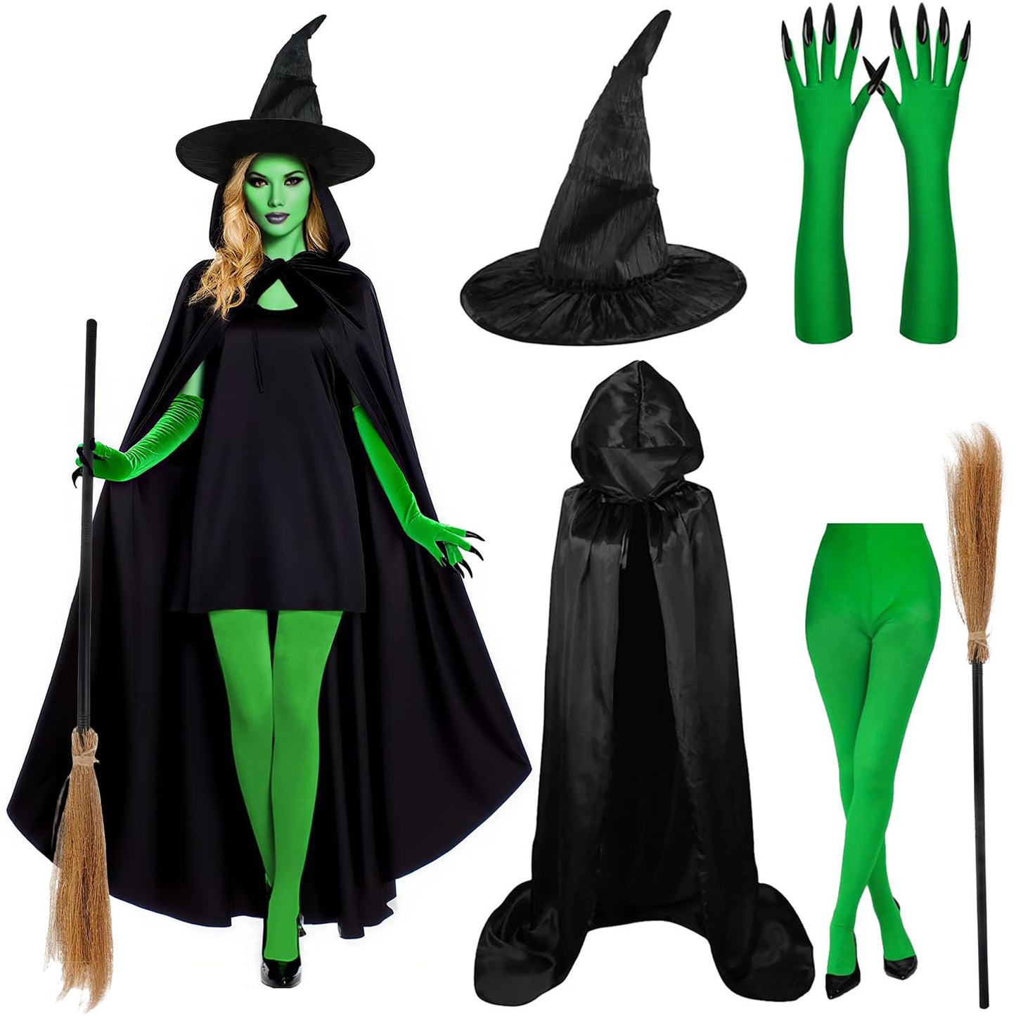Halloween Costumes Adult Women, 5 PCS Witch Costumes Set Witch Cape, Hat, Gloves, Stockings and Broom, World Book Day Costume for Halloween, Christmas, Cosplay and Themed Parties for 14+