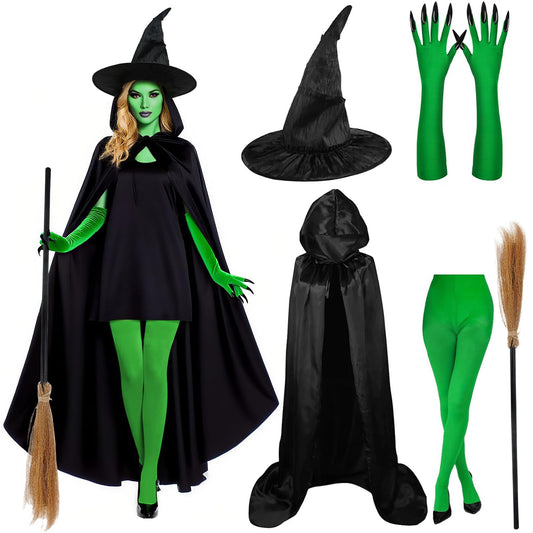 Halloween Costumes Adult Women, 5 PCS Witch Costumes Set Witch Cape, Hat, Gloves, Stockings and Broom, World Book Day Costume for Halloween, Christmas, Cosplay and Themed Parties for 14+