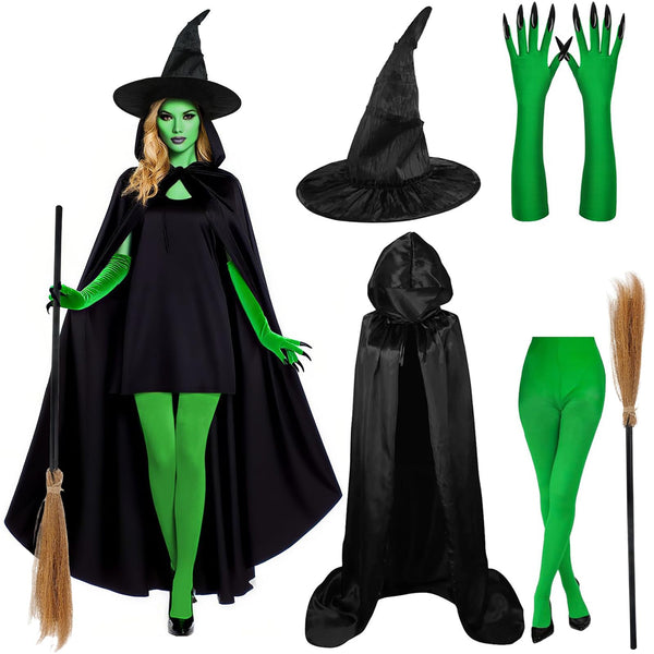 Halloween Costumes Adult Women, 5 PCS Witch Costumes Set Witch Cape, Hat, Gloves, Stockings and Broom, World Book Day Costume for Halloween, Christmas, Cosplay and Themed Parties for 14+