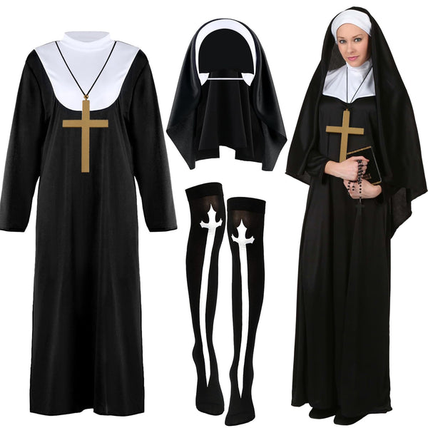 Nun Costume Set for Women, Nun Outfit Fancy Dress with Black Dress Headpiece Socks Cross Necklace for Haloween Carnival Cosplay Party Dress Up