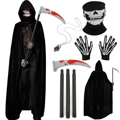 Halloween Costumes for Men & Women, Scary Grim Reaper Adult Costume with Hooded Cloak, Skeleton Mask, Gloves, and Scythe - Perfect Halloween Outfit for Adults