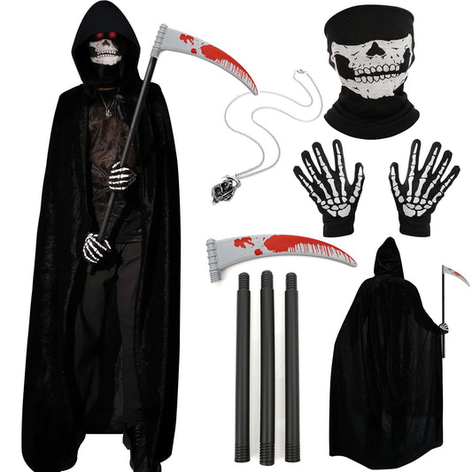 Halloween Costumes for Men & Women, Scary Grim Reaper Adult Costume with Hooded Cloak, Skeleton Mask, Gloves, and Scythe - Perfect Halloween Outfit for Adults