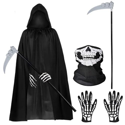 Halloween Costumes, 4 Piece Grim Reaper Costume Set with Hooded Cloak Black Scythe, Skull Mask, Skeleton Gloves, Skeleton Halloween Costume for Party Costumes for Women Men Boys