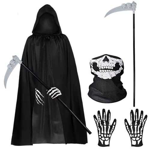 Halloween Costumes, 4 Piece Grim Reaper Costume Set with Hooded Cloak Black Scythe, Skull Mask, Skeleton Gloves, Skeleton Halloween Costume for Party Costumes for Women Men Boys