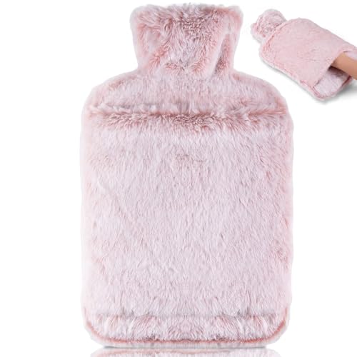 Hot Water Bottle with Cosy Faux Fur Cover, 2L,Kangaroo Pocket, Pink Hot Water Bag For Neck, Shoulders, Back, Stomach, and Feet. Provides Consistent Warmth,for Cold Winter Days and as a Gift