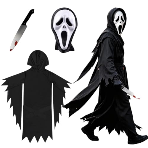 Grim Reaper Costume, Halloween Fancy Dress Costume with Robe, Mask, Gloves