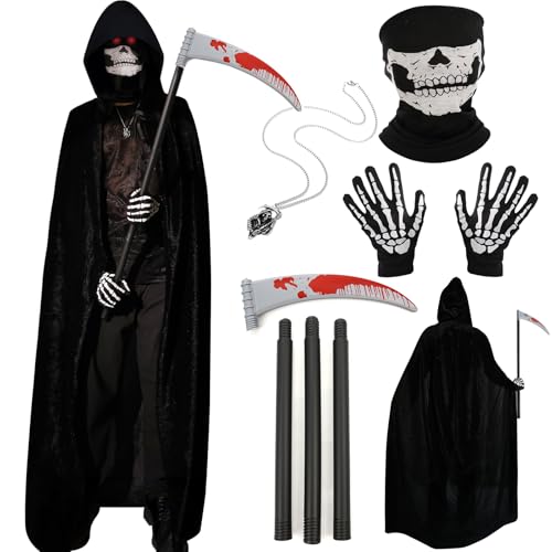 Halloween Costumes for Men & Women, Scary Grim Reaper Adult Costume with Hooded Cloak, Skeleton Mask, Gloves, and Scythe - Perfect Halloween Outfit for Adults