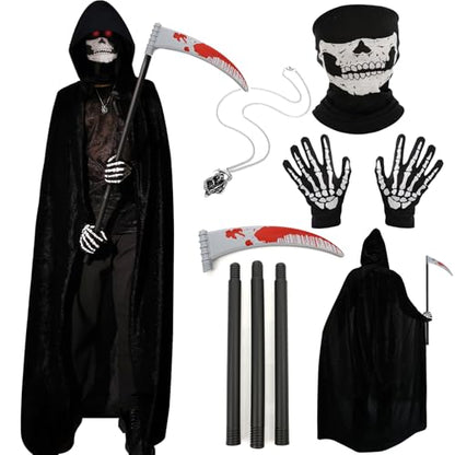 Halloween Costumes for Men & Women, Scary Grim Reaper Adult Costume with Hooded Cloak, Skeleton Mask, Gloves, and Scythe - Perfect Halloween Outfit for Adults