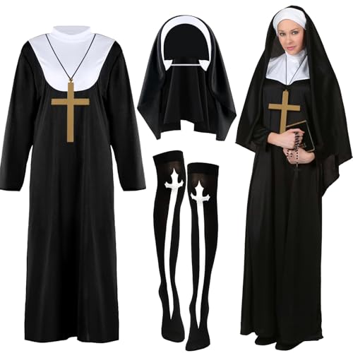 Nun Costume Set for Women, Nun Outfit Fancy Dress with Black Dress Headpiece Socks Cross Necklace for Haloween Carnival Cosplay Party Dress Up