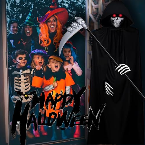 Halloween Costumes, 4 Piece Grim Reaper Costume Set with Hooded Cloak Black Scythe, Skull Mask, Skeleton Gloves, Skeleton Halloween Costume for Party Costumes for Women Men Boys
