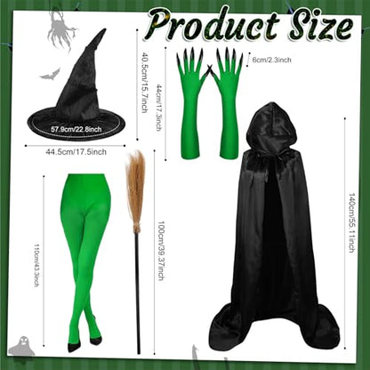 Halloween Costumes Adult Women, 5 PCS Witch Costumes Set Witch Cape, Hat, Gloves, Stockings and Broom, World Book Day Costume for Halloween, Christmas, Cosplay and Themed Parties for 14+