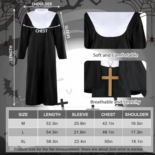Nun Costume Set for Women, Nun Outfit Fancy Dress with Black Dress Headpiece Socks Cross Necklace for Haloween Carnival Cosplay Party Dress Up
