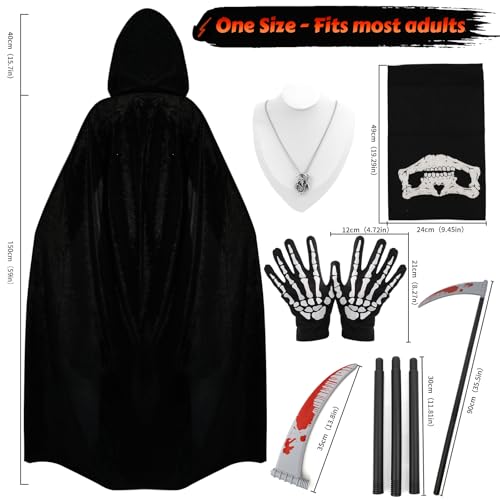 Halloween Costumes for Men & Women, Scary Grim Reaper Adult Costume with Hooded Cloak, Skeleton Mask, Gloves, and Scythe - Perfect Halloween Outfit for Adults