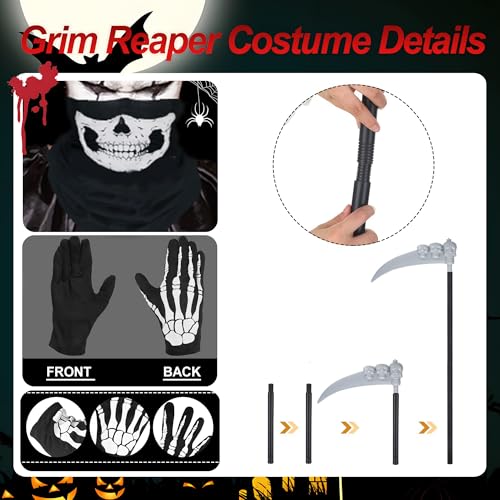 Halloween Costumes, 4 Piece Grim Reaper Costume Set with Hooded Cloak Black Scythe, Skull Mask, Skeleton Gloves, Skeleton Halloween Costume for Party Costumes for Women Men Boys