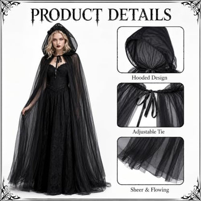 Black Cape, Veil Hooded Cloak, Halloween Costumes for Women