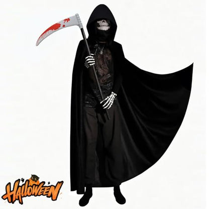 Halloween Costumes for Men & Women, Scary Grim Reaper Adult Costume with Hooded Cloak, Skeleton Mask, Gloves, and Scythe - Perfect Halloween Outfit for Adults