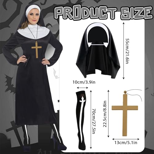 Nun Costume Set for Women, Nun Outfit Fancy Dress with Black Dress Headpiece Socks Cross Necklace for Haloween Carnival Cosplay Party Dress Up