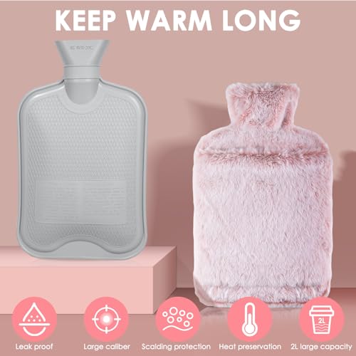 Hot Water Bottle with Cosy Faux Fur Cover, 2L,Kangaroo Pocket, Pink Hot Water Bag For Neck, Shoulders, Back, Stomach, and Feet. Provides Consistent Warmth,for Cold Winter Days and as a Gift