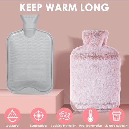 Hot Water Bottle with Cosy Faux Fur Cover, 2L,Kangaroo Pocket, Pink Hot Water Bag For Neck, Shoulders, Back, Stomach, and Feet. Provides Consistent Warmth,for Cold Winter Days and as a Gift