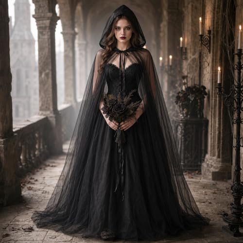 Black Cape, Veil Hooded Cloak, Halloween Costumes for Women