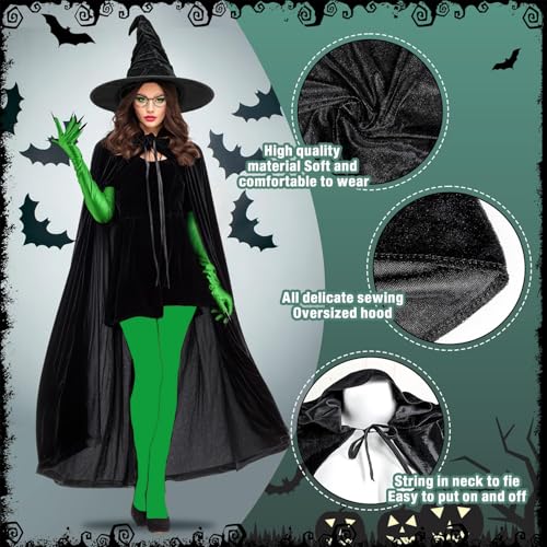 Halloween Costumes Adult Women, 5 PCS Witch Costumes Set Witch Cape, Hat, Gloves, Stockings and Broom, World Book Day Costume for Halloween, Christmas, Cosplay and Themed Parties for 14+