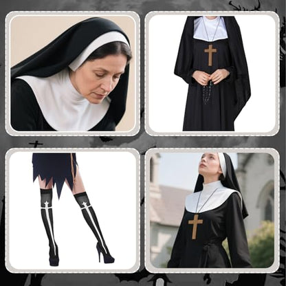 Nun Costume Set for Women, Nun Outfit Fancy Dress with Black Dress Headpiece Socks Cross Necklace for Haloween Carnival Cosplay Party Dress Up