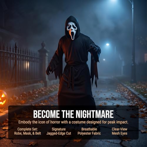 Grim Reaper Costume, Halloween Fancy Dress Costume with Robe, Mask, Gloves