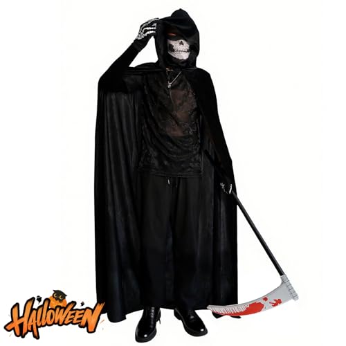 Halloween Costumes for Men & Women, Scary Grim Reaper Adult Costume with Hooded Cloak, Skeleton Mask, Gloves, and Scythe - Perfect Halloween Outfit for Adults