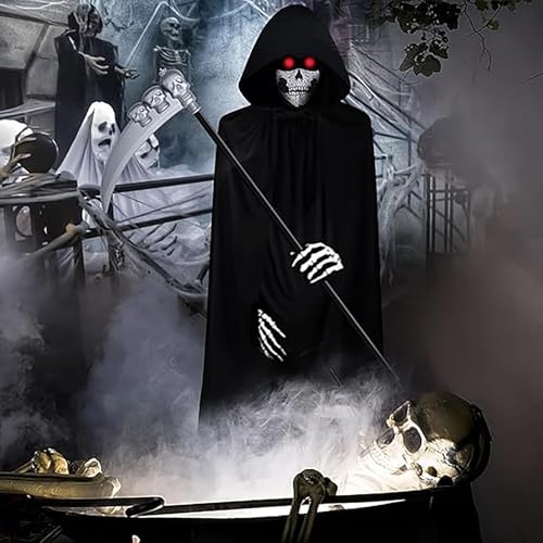 Halloween Costumes, 4 Piece Grim Reaper Costume Set with Hooded Cloak Black Scythe, Skull Mask, Skeleton Gloves, Skeleton Halloween Costume for Party Costumes for Women Men Boys