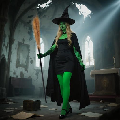 Halloween Costumes Adult Women, 5 PCS Witch Costumes Set Witch Cape, Hat, Gloves, Stockings and Broom, World Book Day Costume for Halloween, Christmas, Cosplay and Themed Parties for 14+