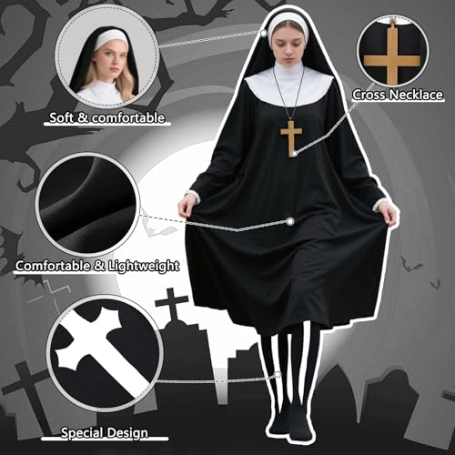 Nun Costume Set for Women, Nun Outfit Fancy Dress with Black Dress Headpiece Socks Cross Necklace for Haloween Carnival Cosplay Party Dress Up