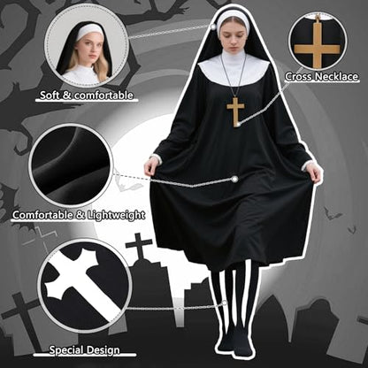 Nun Costume Set for Women, Nun Outfit Fancy Dress with Black Dress Headpiece Socks Cross Necklace for Haloween Carnival Cosplay Party Dress Up