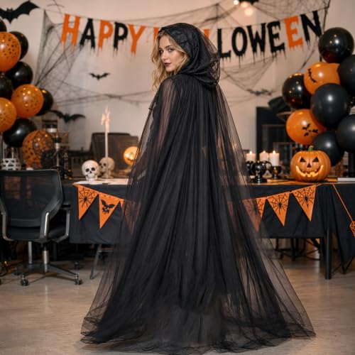 Black Cape, Veil Hooded Cloak, Halloween Costumes for Women