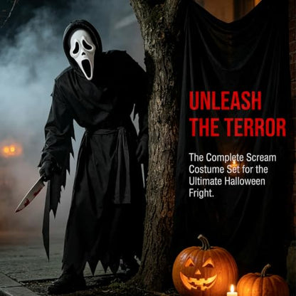 Grim Reaper Costume, Halloween Fancy Dress Costume with Robe, Mask, Gloves