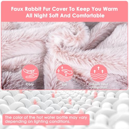 Hot Water Bottle with Cosy Faux Fur Cover, 2L,Kangaroo Pocket, Pink Hot Water Bag For Neck, Shoulders, Back, Stomach, and Feet. Provides Consistent Warmth,for Cold Winter Days and as a Gift