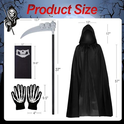 Halloween Costumes, 4 Piece Grim Reaper Costume Set with Hooded Cloak Black Scythe, Skull Mask, Skeleton Gloves, Skeleton Halloween Costume for Party Costumes for Women Men Boys