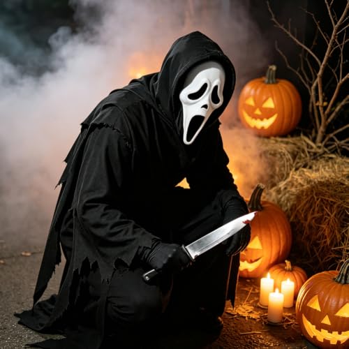 Grim Reaper Costume, Halloween Fancy Dress Costume with Robe, Mask, Gloves