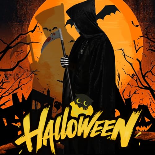Halloween Costumes for Men & Women, Scary Grim Reaper Adult Costume with Hooded Cloak, Skeleton Mask, Gloves, and Scythe - Perfect Halloween Outfit for Adults