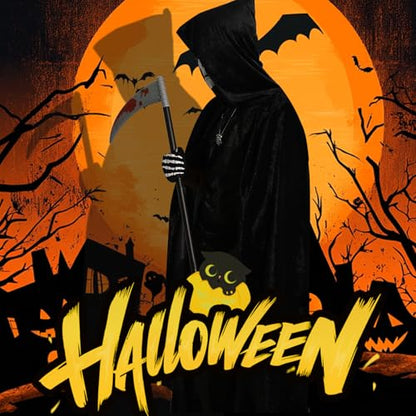 Halloween Costumes for Men & Women, Scary Grim Reaper Adult Costume with Hooded Cloak, Skeleton Mask, Gloves, and Scythe - Perfect Halloween Outfit for Adults