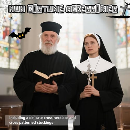 Nun Costume Set for Women, Nun Outfit Fancy Dress with Black Dress Headpiece Socks Cross Necklace for Haloween Carnival Cosplay Party Dress Up