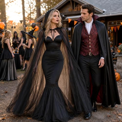 Black Cape, Veil Hooded Cloak, Halloween Costumes for Women