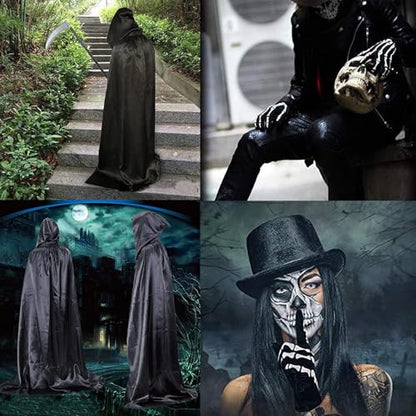 Halloween Costumes, 4 Piece Grim Reaper Costume Set with Hooded Cloak Black Scythe, Skull Mask, Skeleton Gloves, Skeleton Halloween Costume for Party Costumes for Women Men Boys
