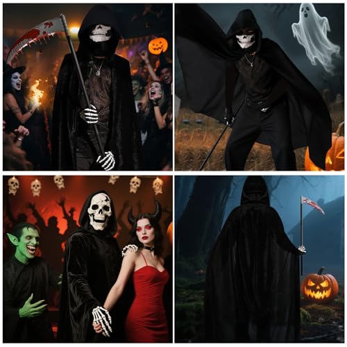 Halloween Costumes for Men & Women, Scary Grim Reaper Adult Costume with Hooded Cloak, Skeleton Mask, Gloves, and Scythe - Perfect Halloween Outfit for Adults